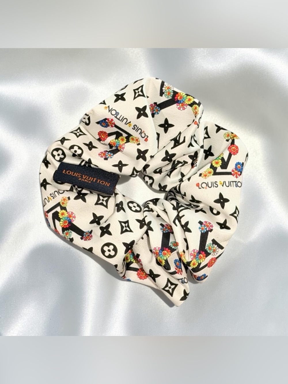 White And Black Floral Scrunchie